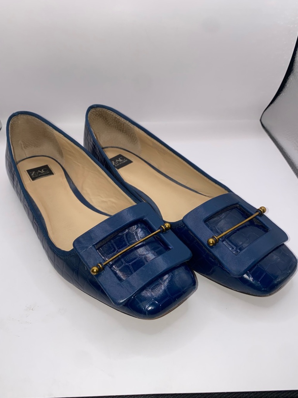 Zac Posen Navy Croc-Embossed Leather Flats with Gold Accent